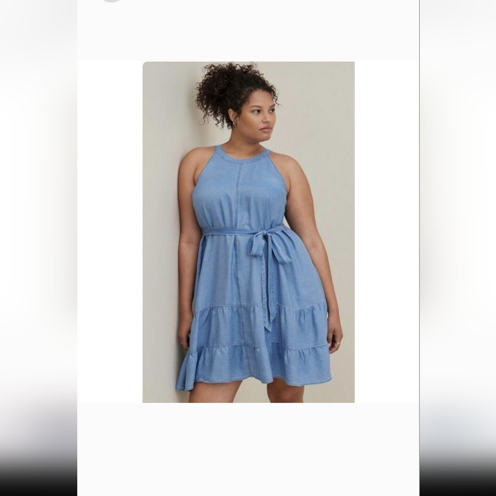 Torrid High Neck Tiered Mini Dress Soft Chambray Blue Size 2